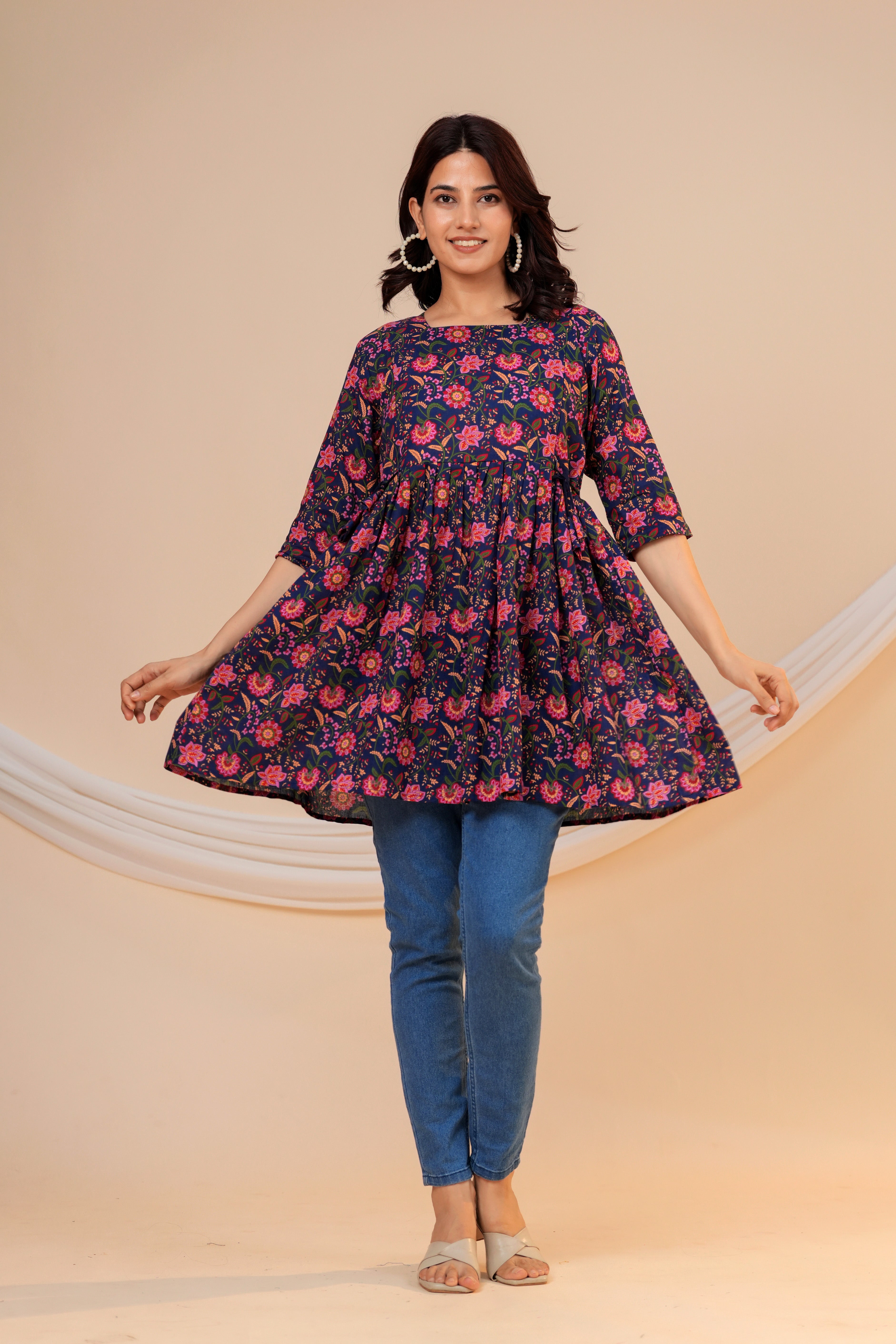 Midnight Bloom Floral Cotton Maternity Kurti with Double Side Zippers