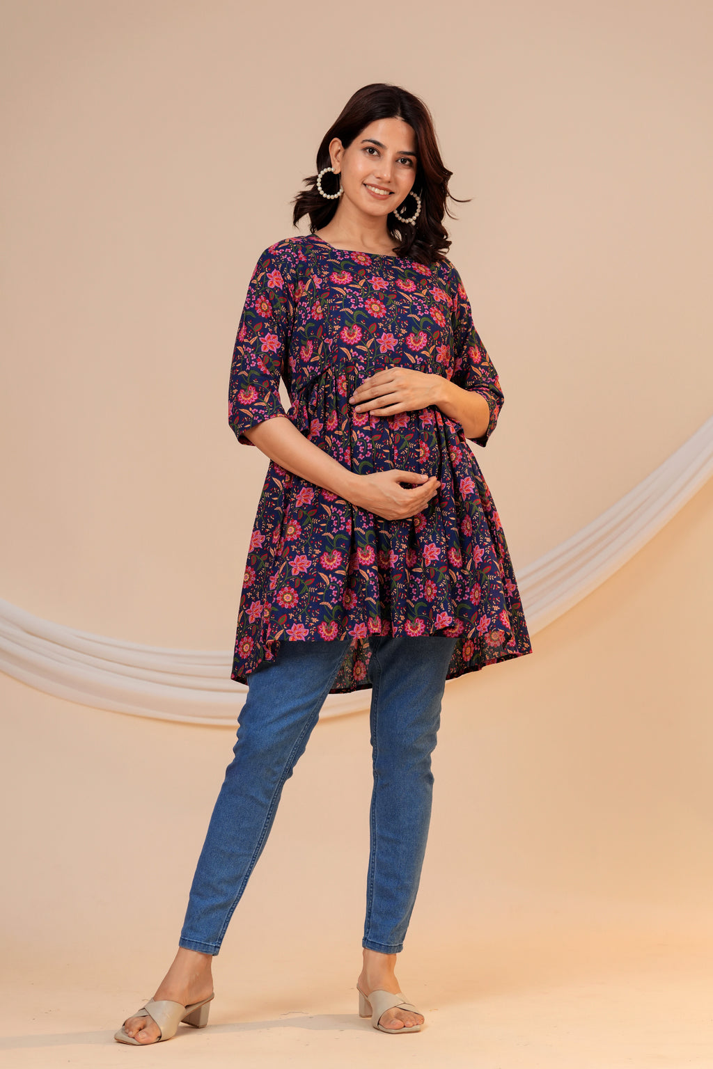 Midnight Bloom Floral Cotton Maternity Kurti with Double Side Zippers