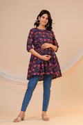 Midnight Bloom Floral Cotton Maternity Kurti with Double Side Zippers