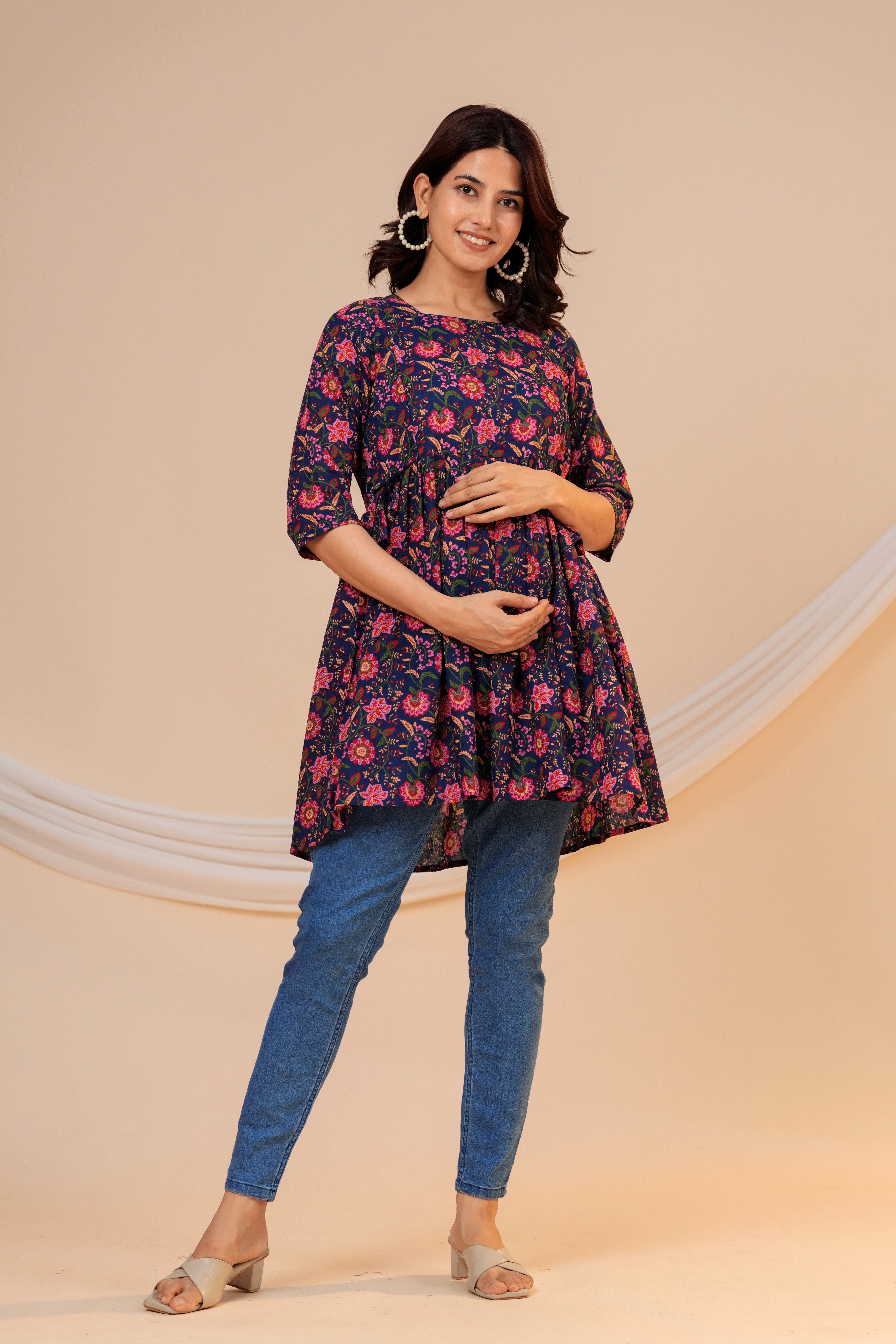 Midnight Bloom Floral Cotton Maternity Kurti with Double Side Zippers