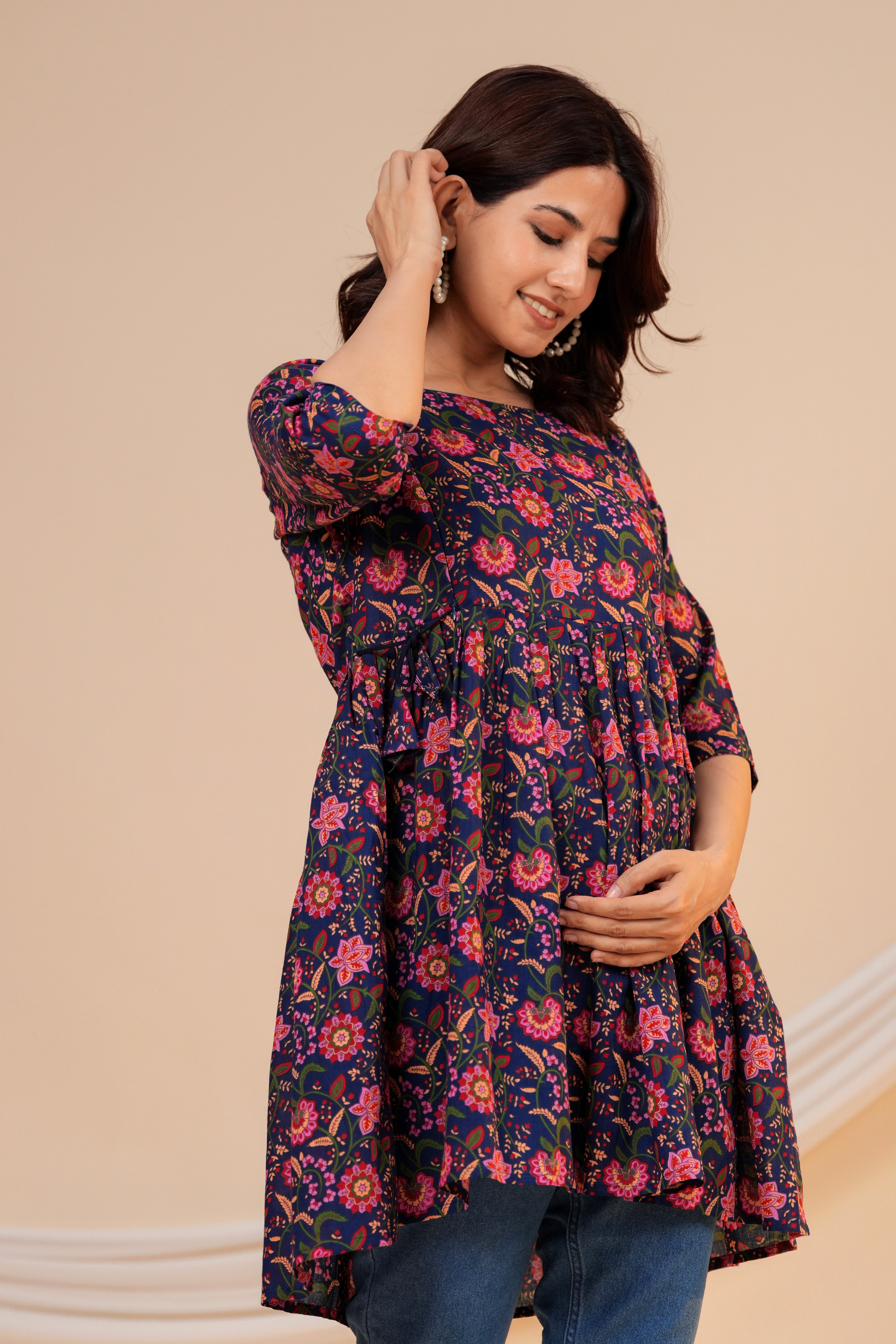 Midnight Bloom Floral Cotton Maternity Kurti with Double Side Zippers