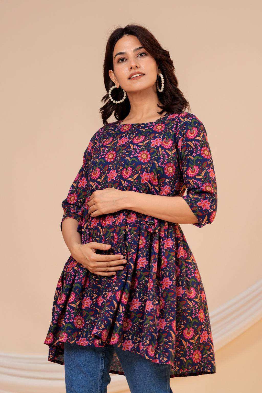 Midnight Bloom Floral Cotton Maternity Kurti with Double Side Zippers