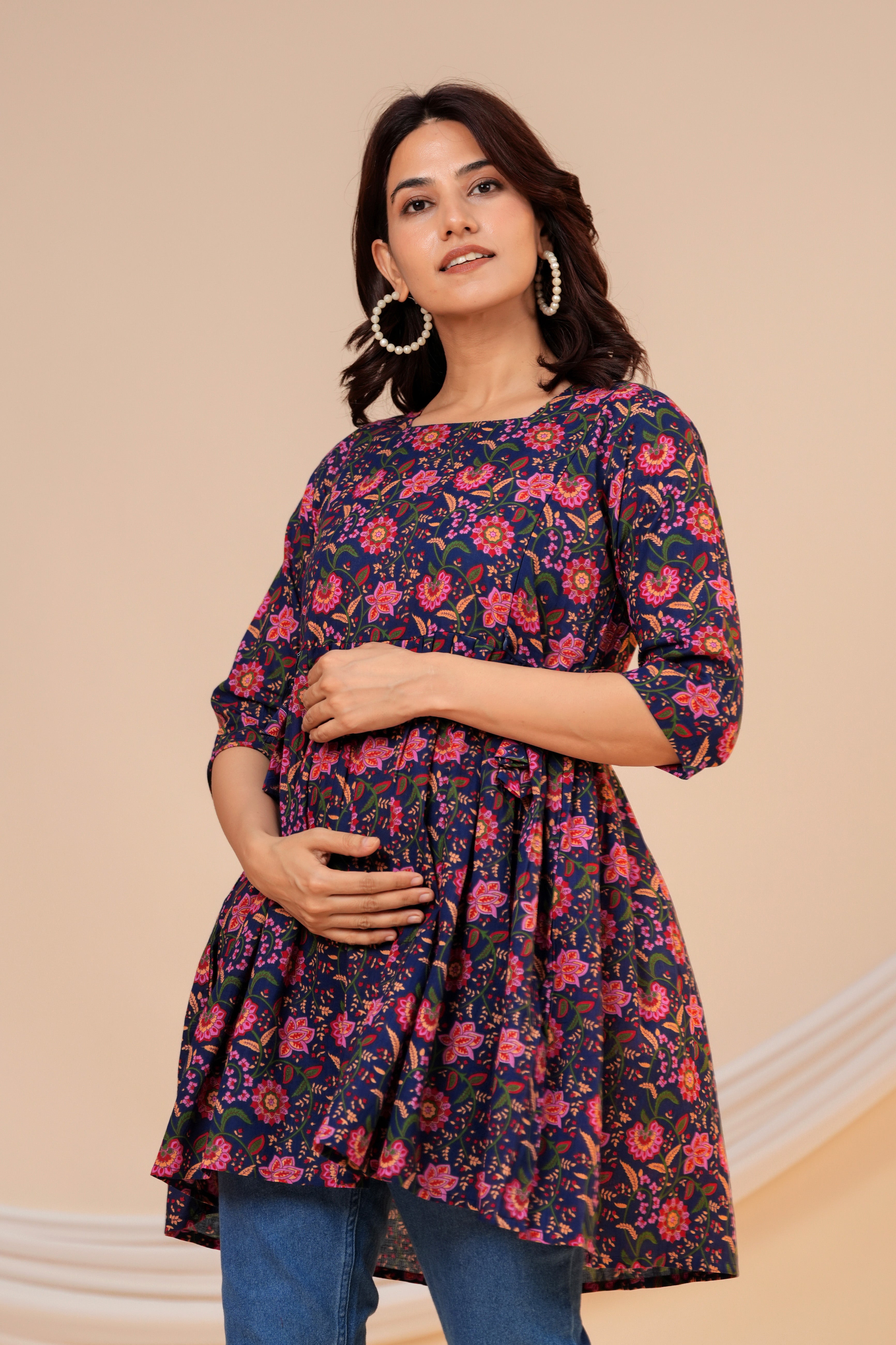 Midnight Bloom Floral Cotton Maternity Kurti with Double Side Zippers