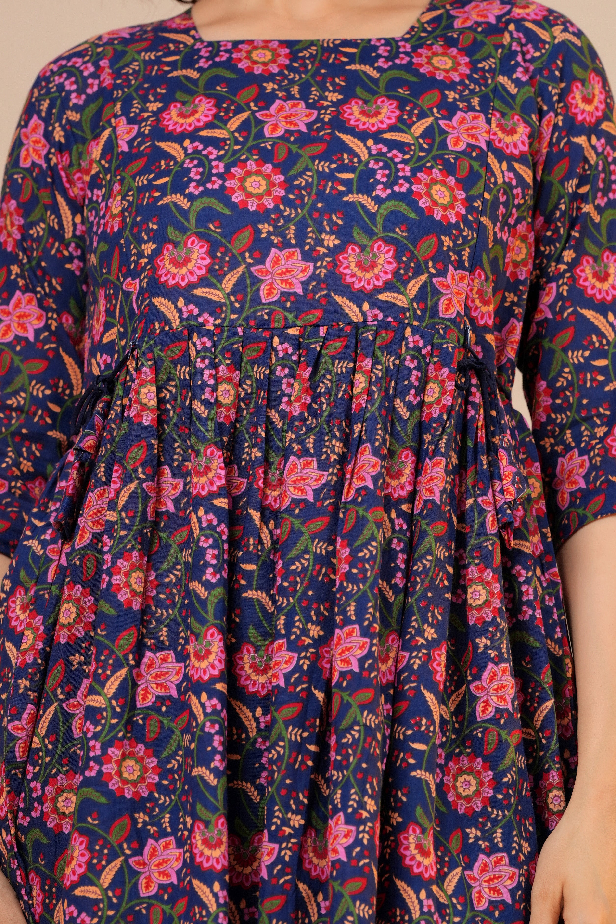 Midnight Bloom Floral Cotton Maternity Kurti with Double Side Zippers
