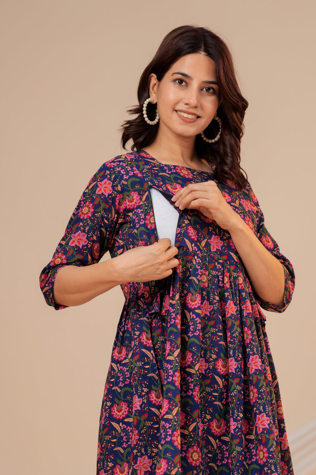 Midnight Bloom Floral Cotton Maternity Kurti with Double Side Zippers