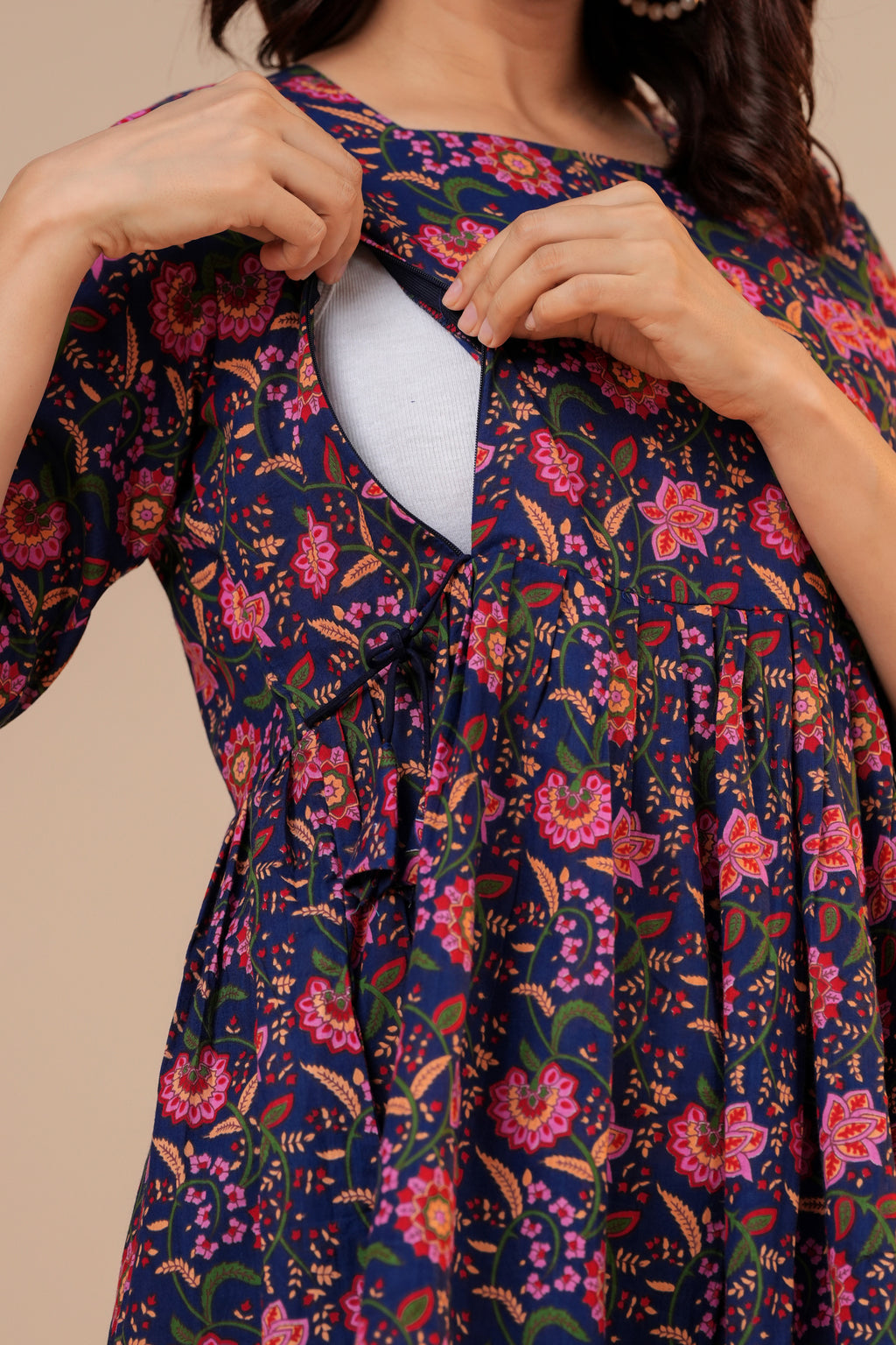 Midnight Bloom Floral Cotton Maternity Kurti with Double Side Zippers