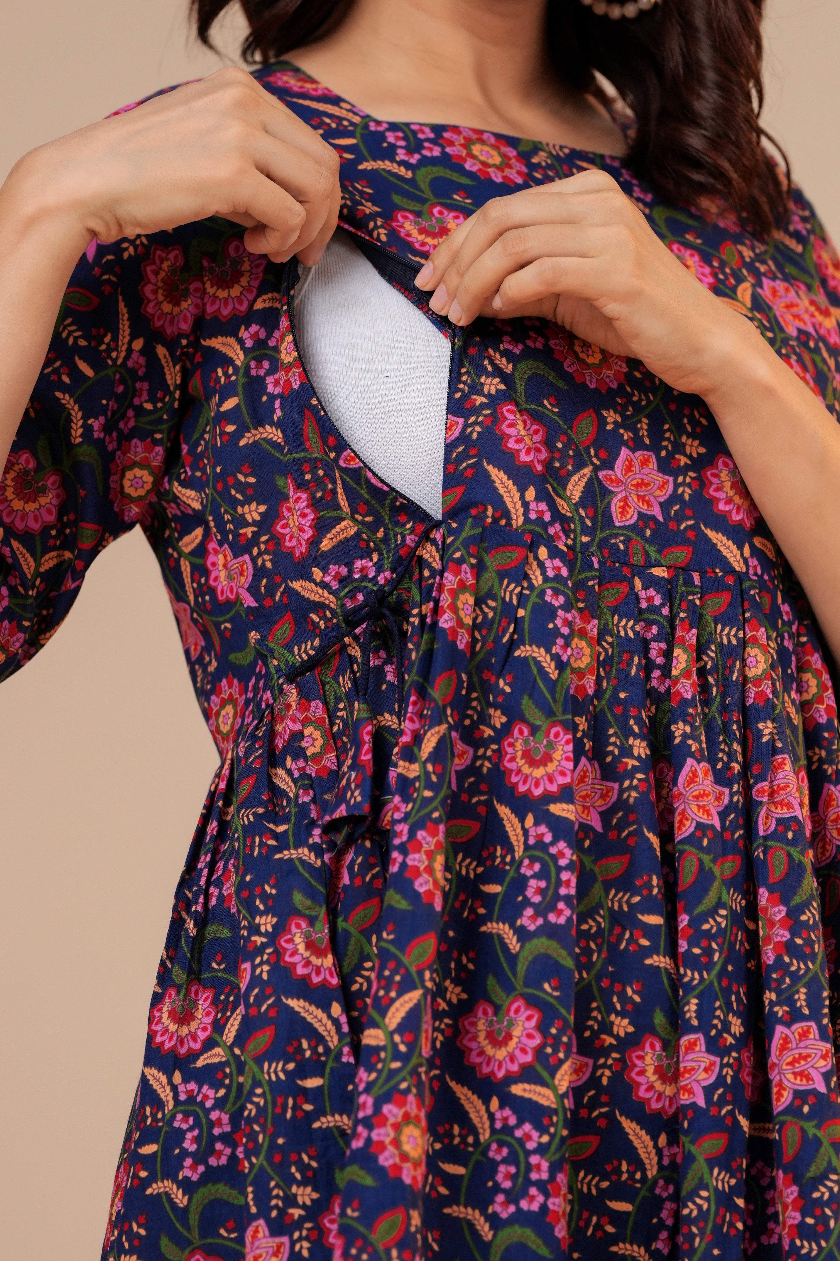 Midnight Bloom Floral Cotton Maternity Kurti with Double Side Zippers