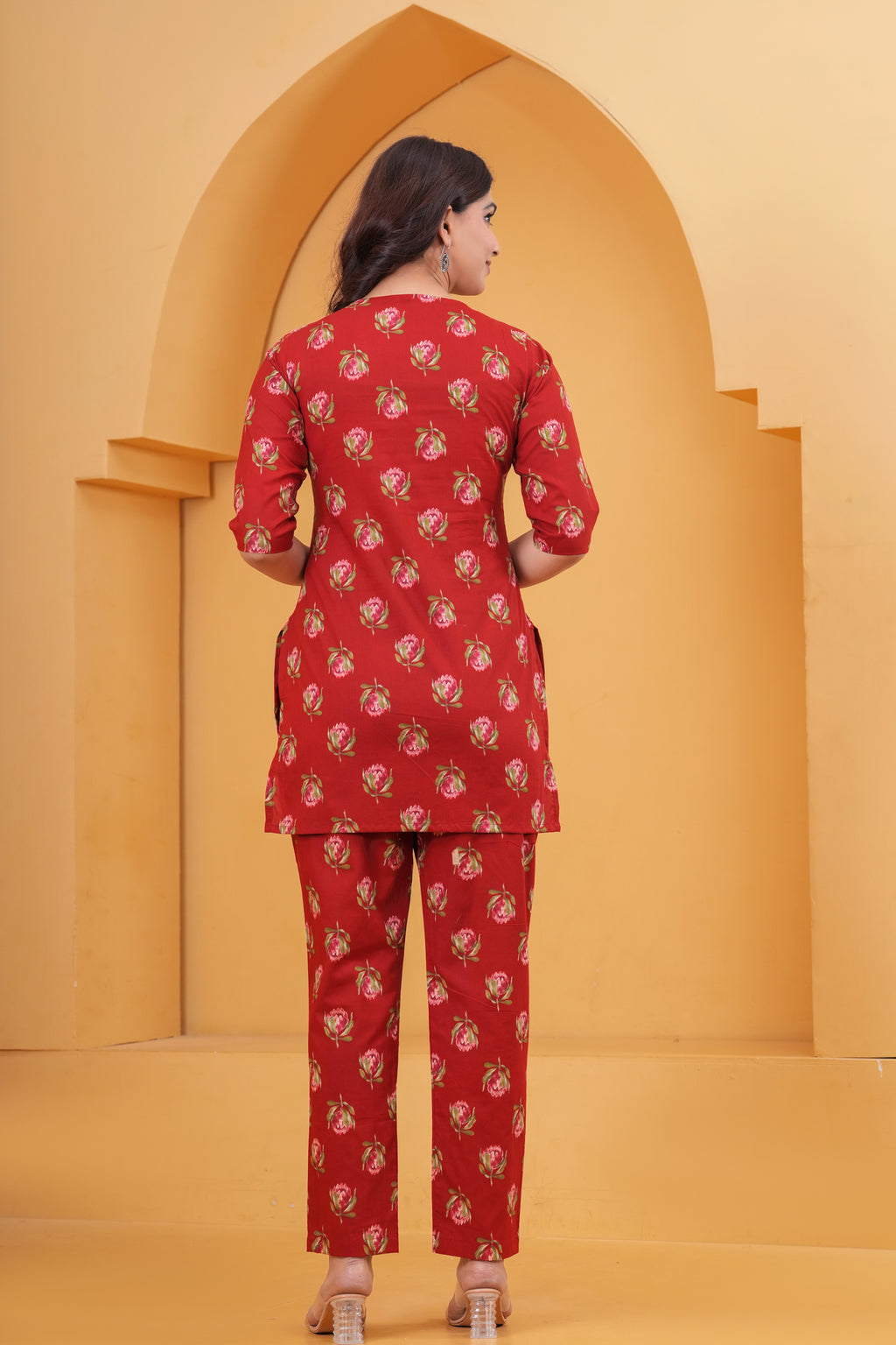 Ruby Red Floral Printed Cotton Maternity Cord Set with Double Side Zippers