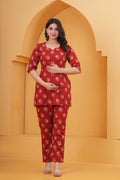 Ruby Red Floral Printed Cotton Maternity Cord Set with Double Side Zippers