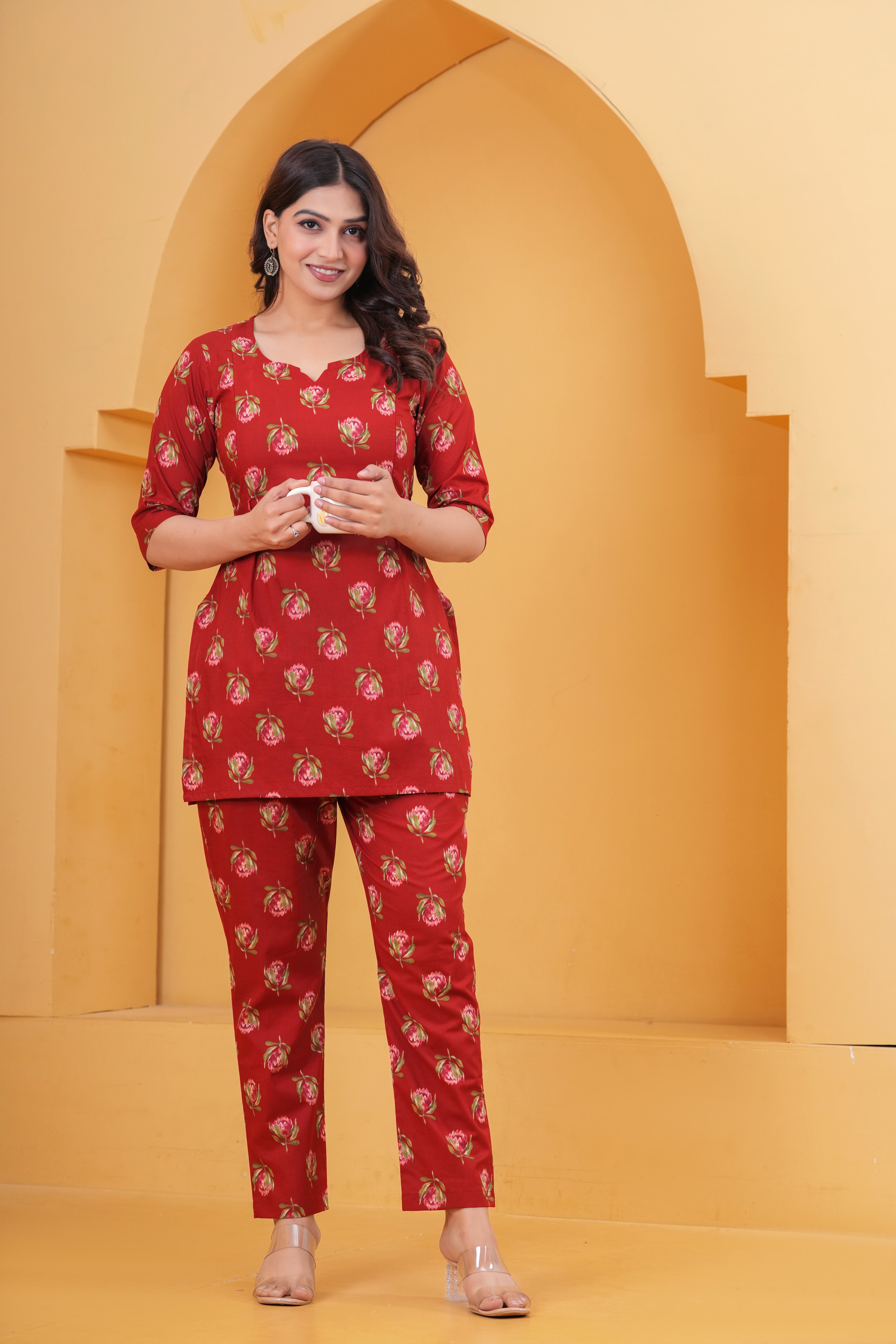 Ruby Red Floral Printed Cotton Maternity Cord Set with Double Side Zippers