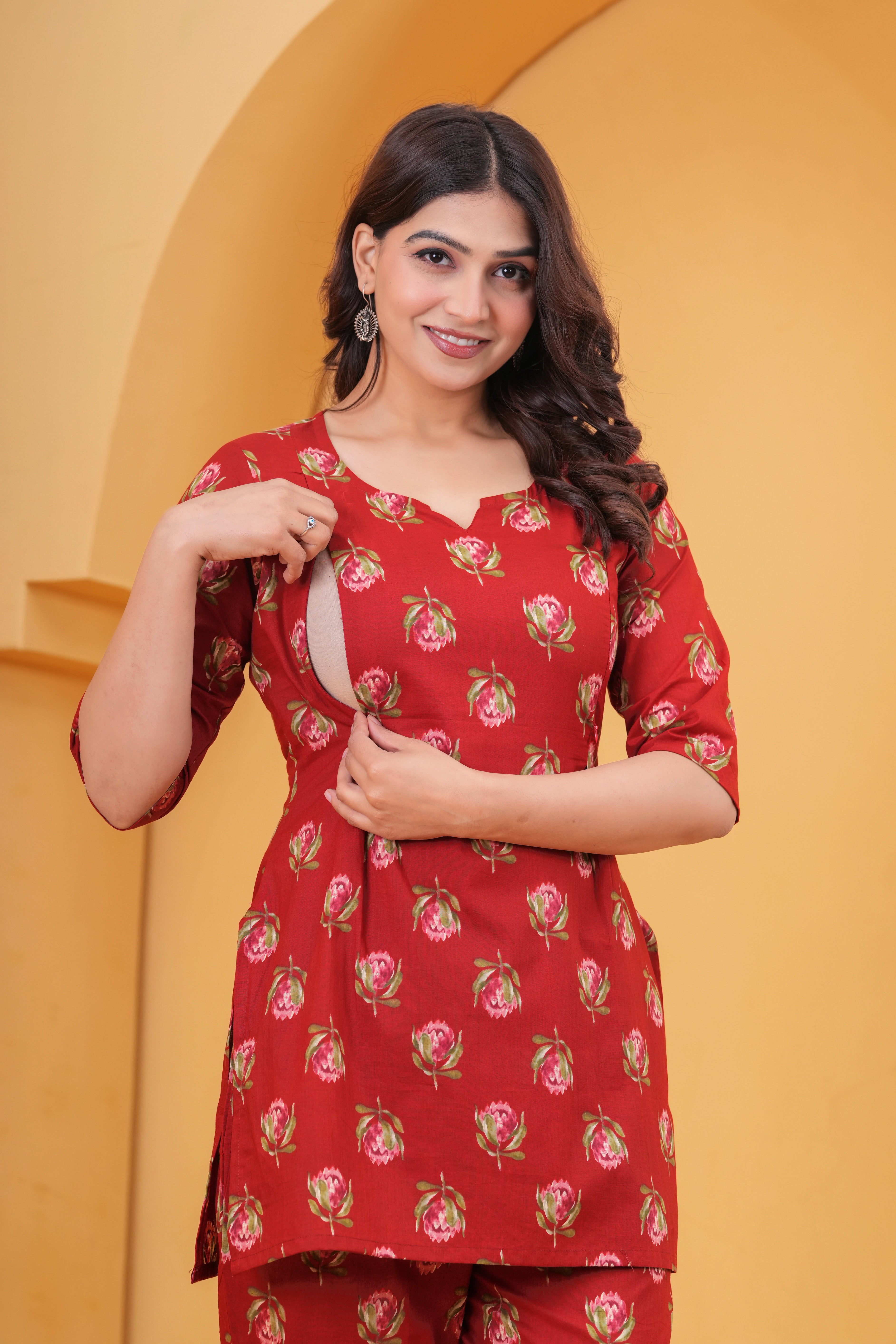 Ruby Red Floral Printed Cotton Maternity Cord Set with Double Side Zippers