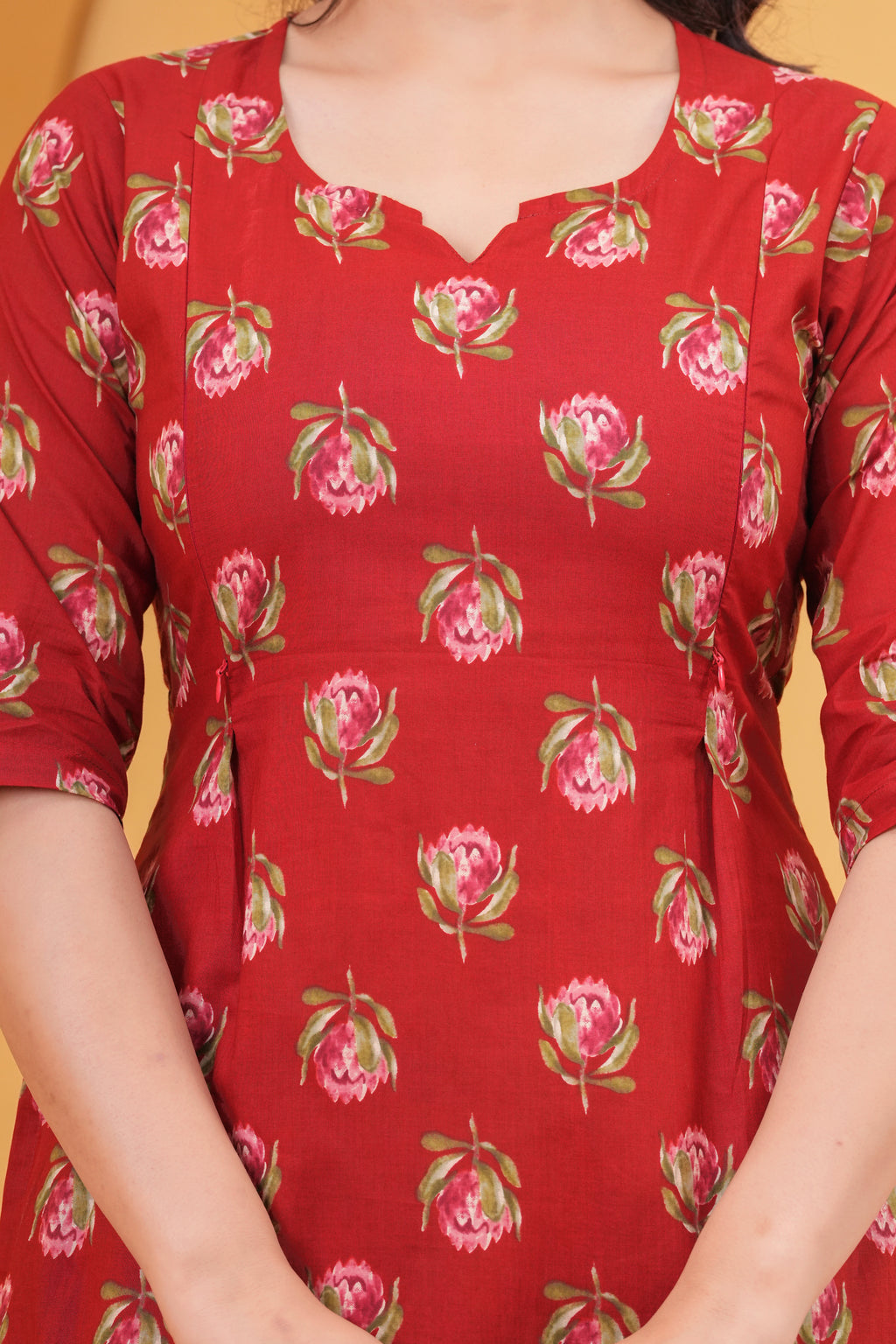 Ruby Red Floral Printed Cotton Maternity Cord Set with Double Side Zippers