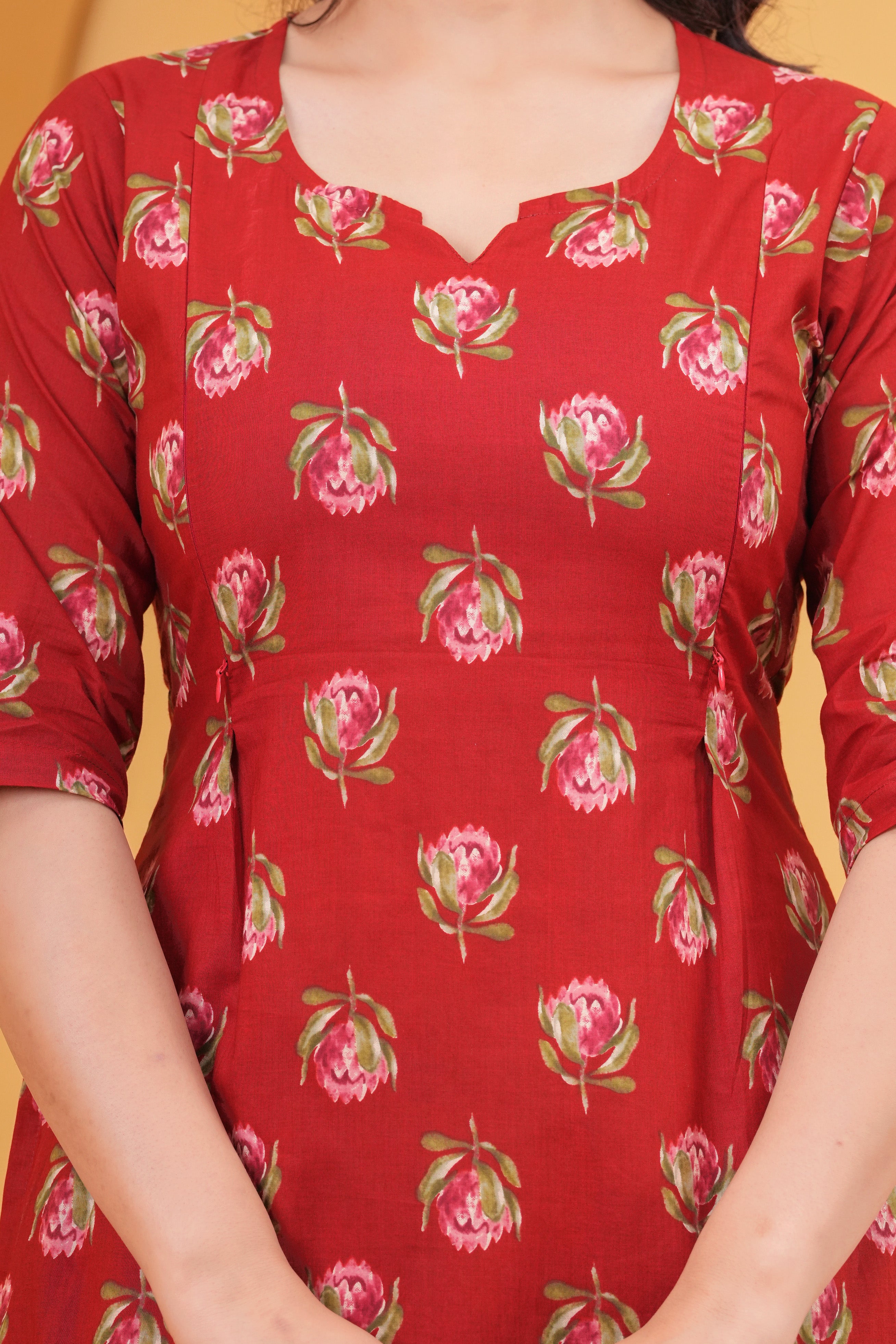 Ruby Red Floral Printed Cotton Maternity Cord Set with Double Side Zippers