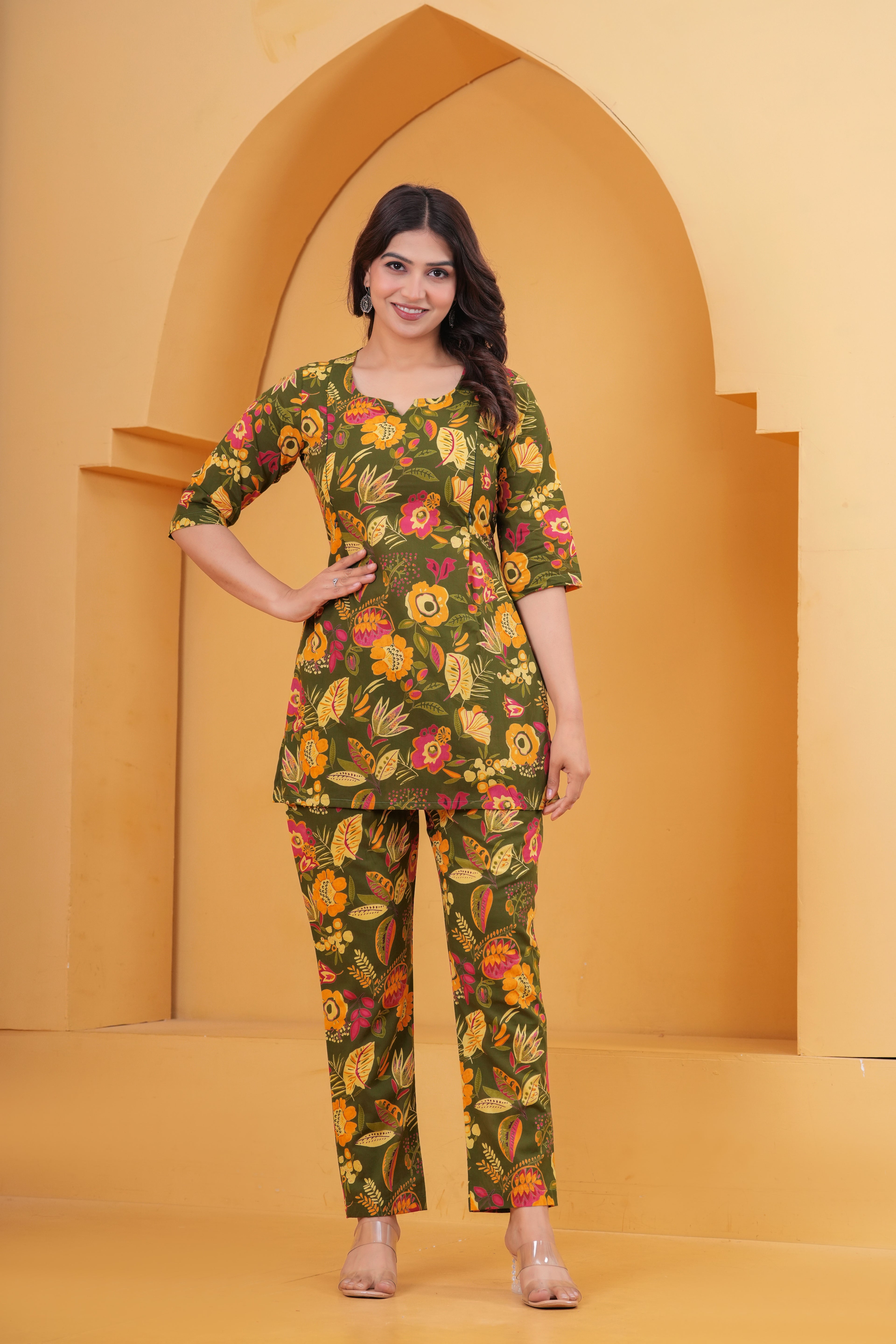 Olive Garden Floral Cotton Maternity Cord Set with Double Side Zippers