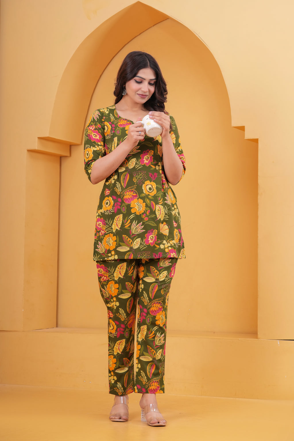 Olive Garden Floral Cotton Maternity Cord Set with Double Side Zippers