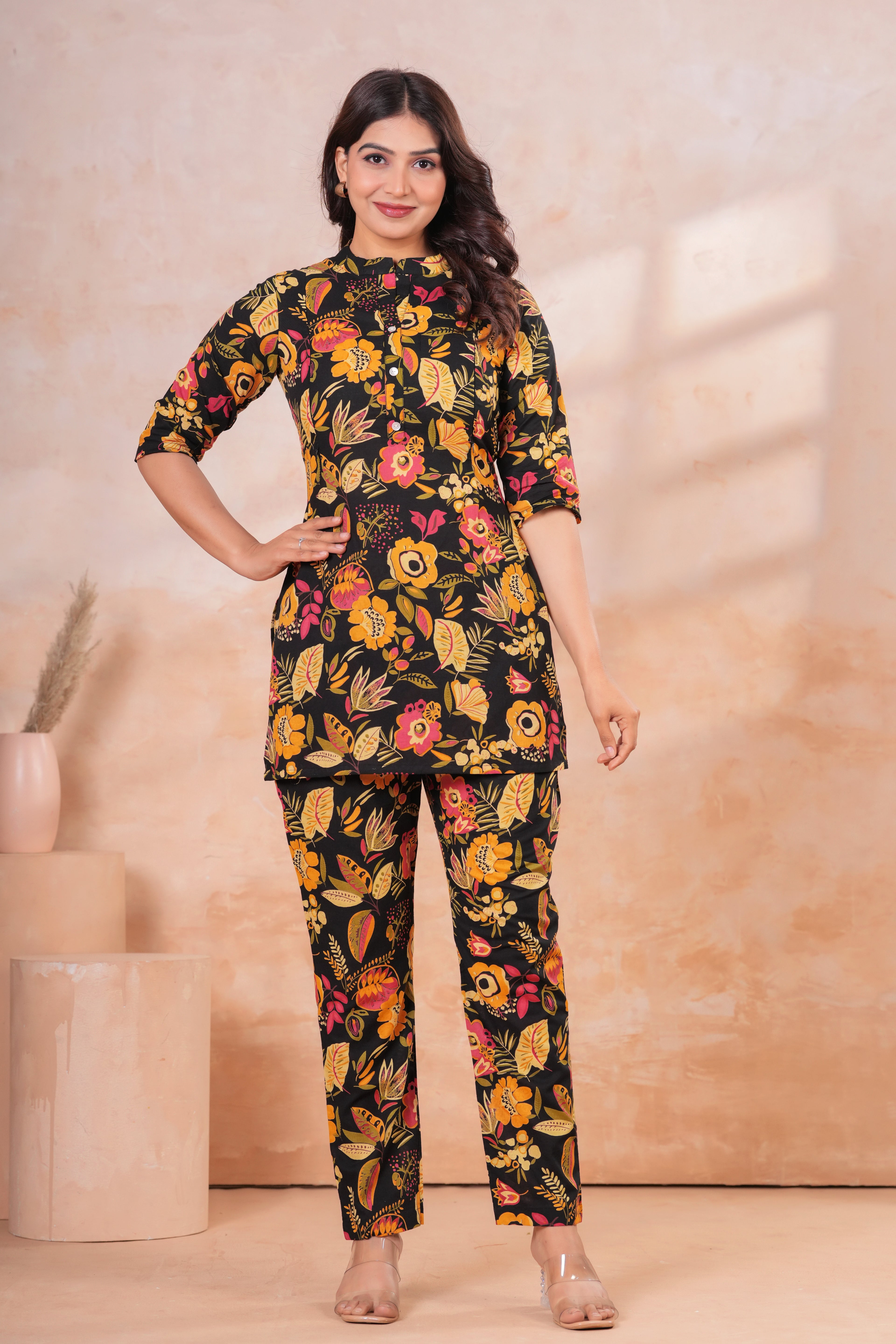 Midnight Bloom Floral Cotton Maternity Cord Set with Double Side Zippers