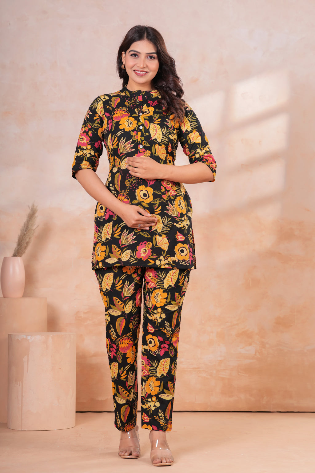 Midnight Bloom Floral Cotton Maternity Cord Set with Double Side Zippers