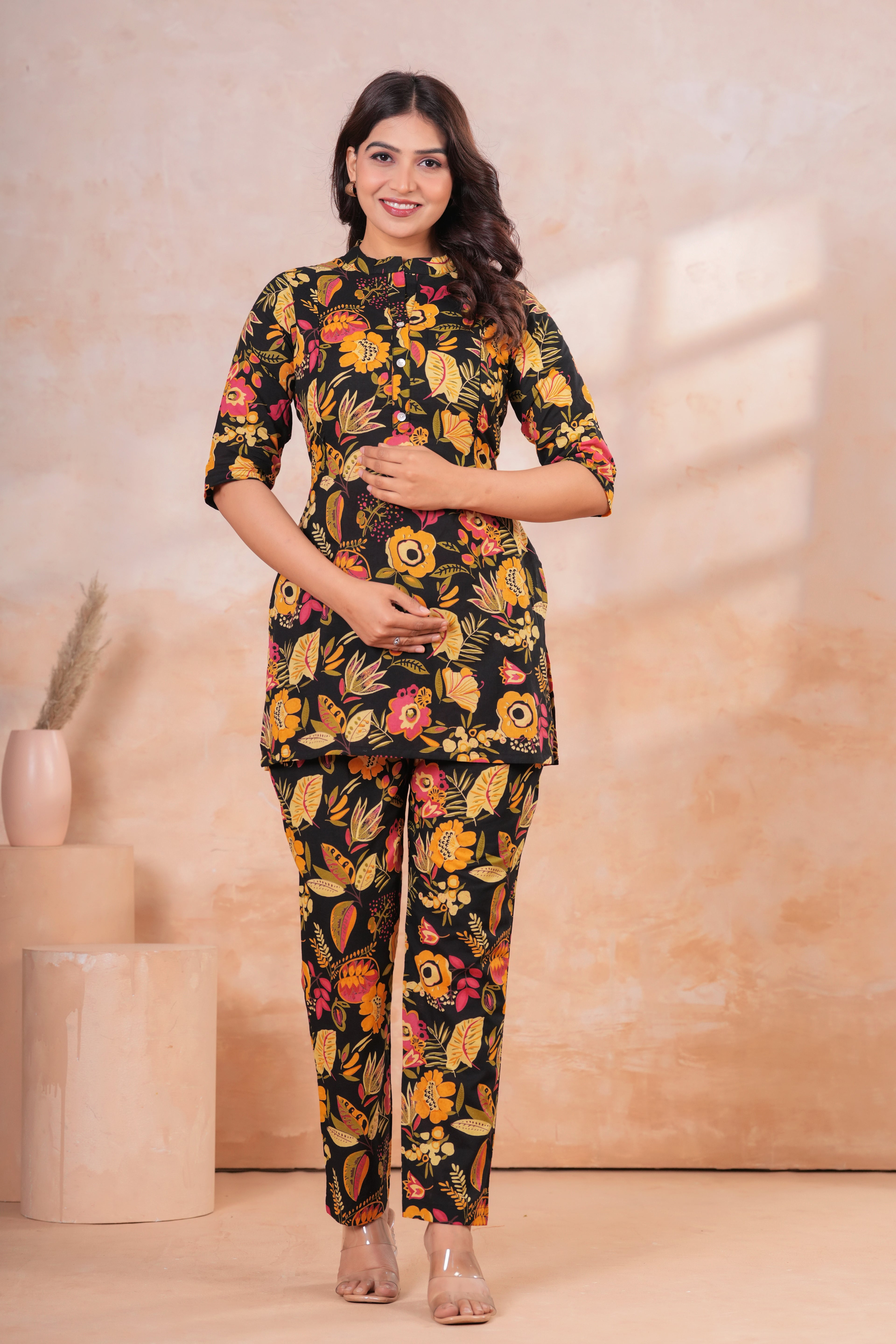 Midnight Bloom Floral Cotton Maternity Cord Set with Double Side Zippers