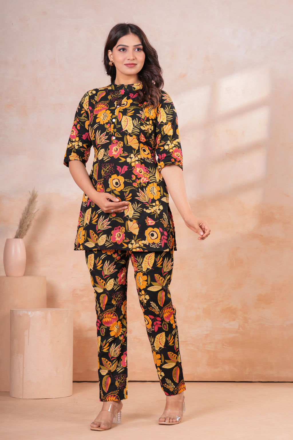 Midnight Bloom Floral Cotton Maternity Cord Set with Double Side Zippers