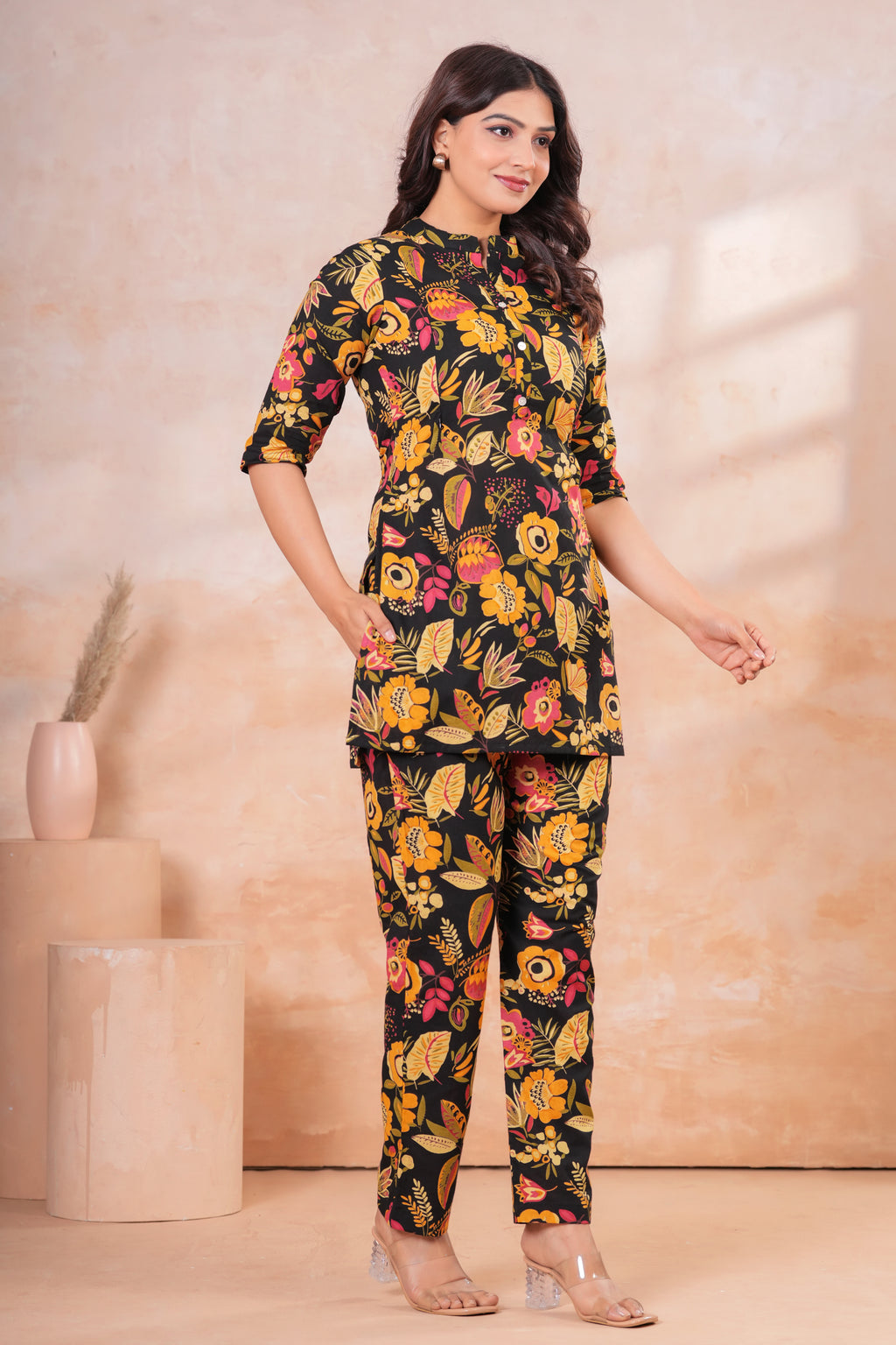 Midnight Bloom Floral Cotton Maternity Cord Set with Double Side Zippers