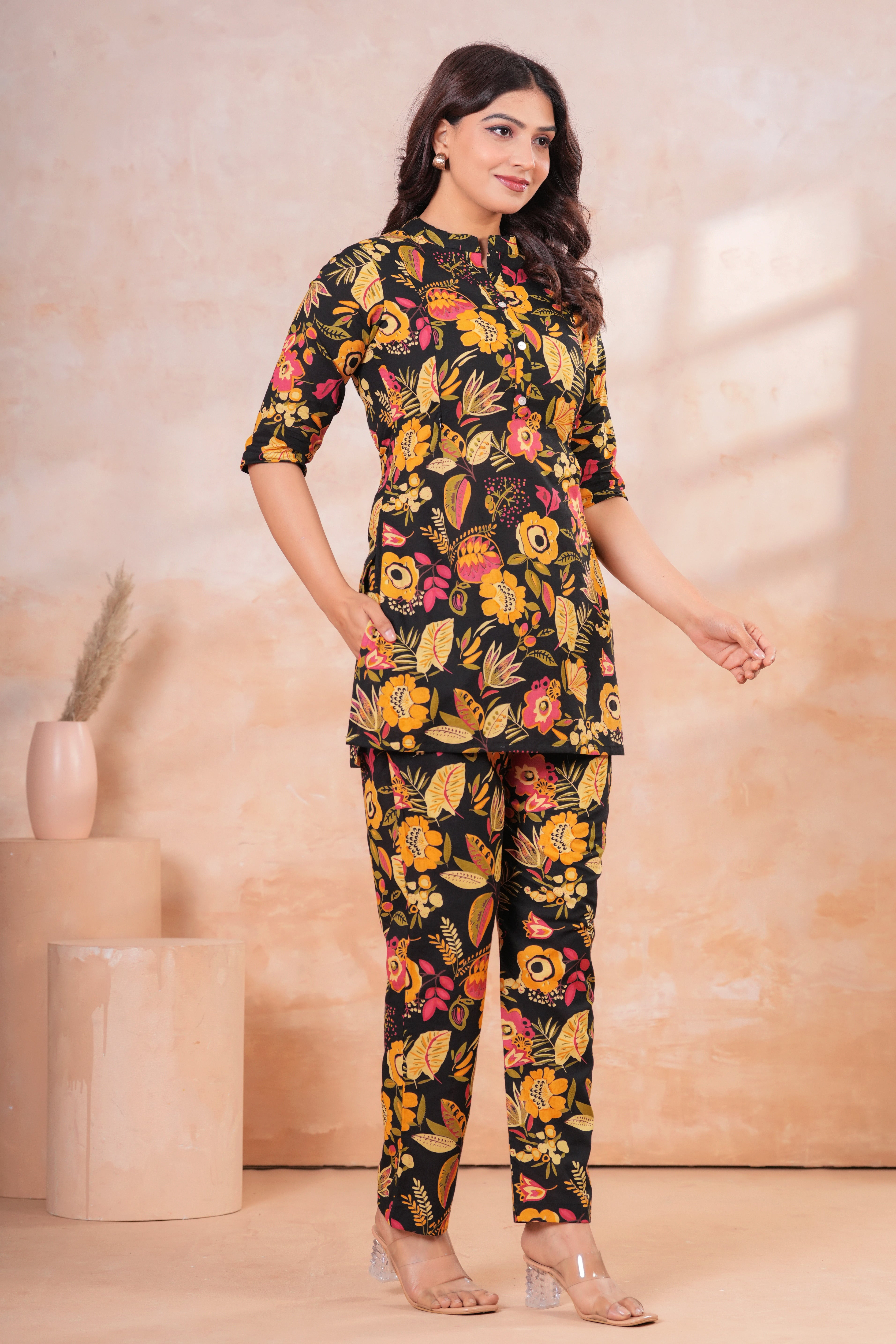 Midnight Bloom Floral Cotton Maternity Cord Set with Double Side Zippers