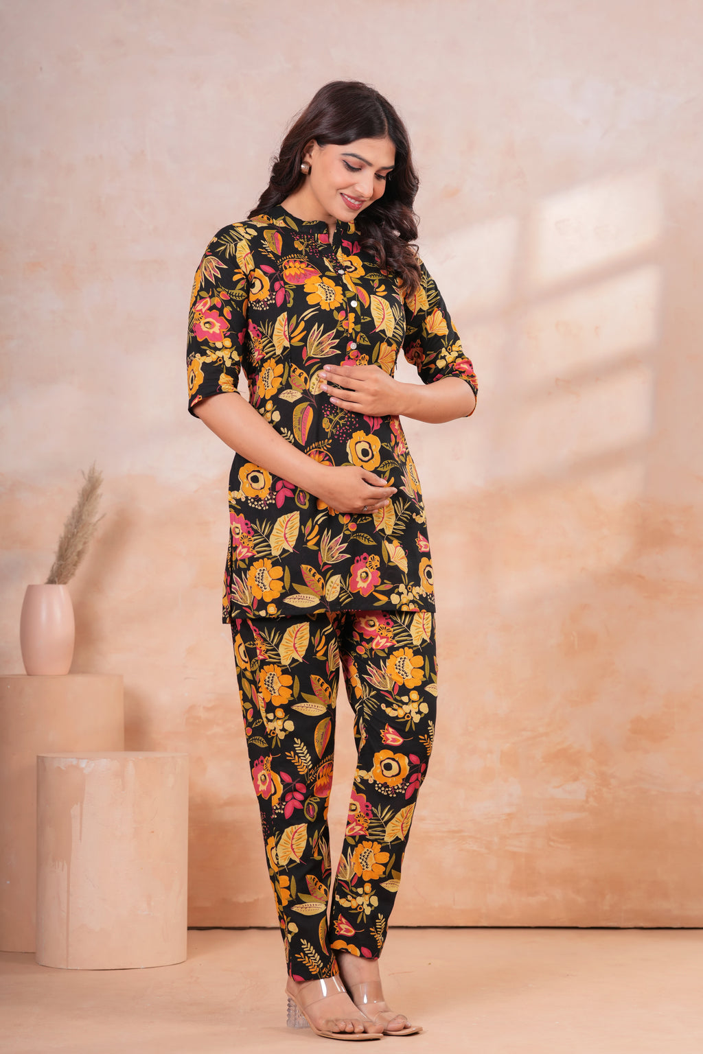 Midnight Bloom Floral Cotton Maternity Cord Set with Double Side Zippers