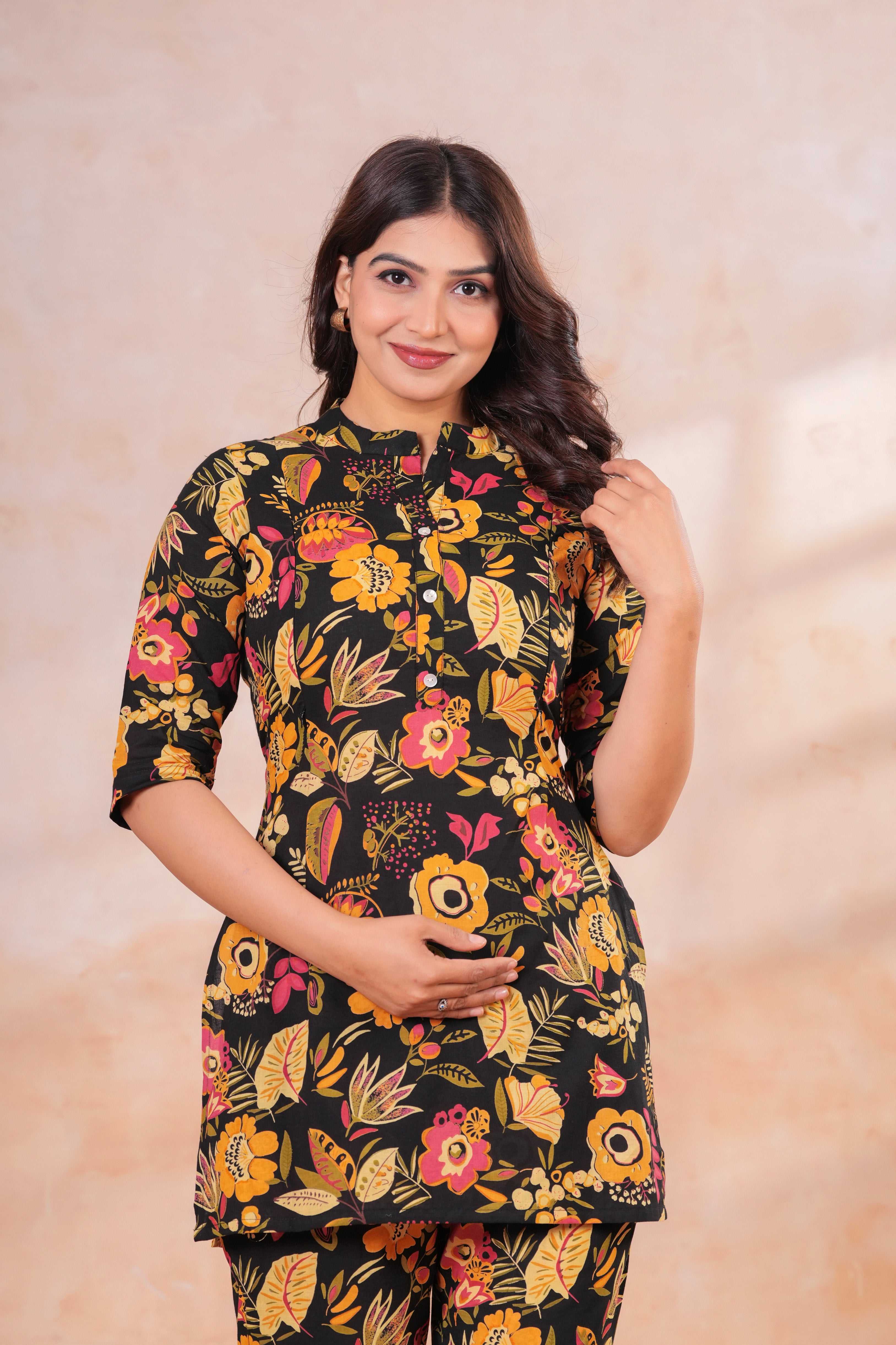 Midnight Bloom Floral Cotton Maternity Cord Set with Double Side Zippers