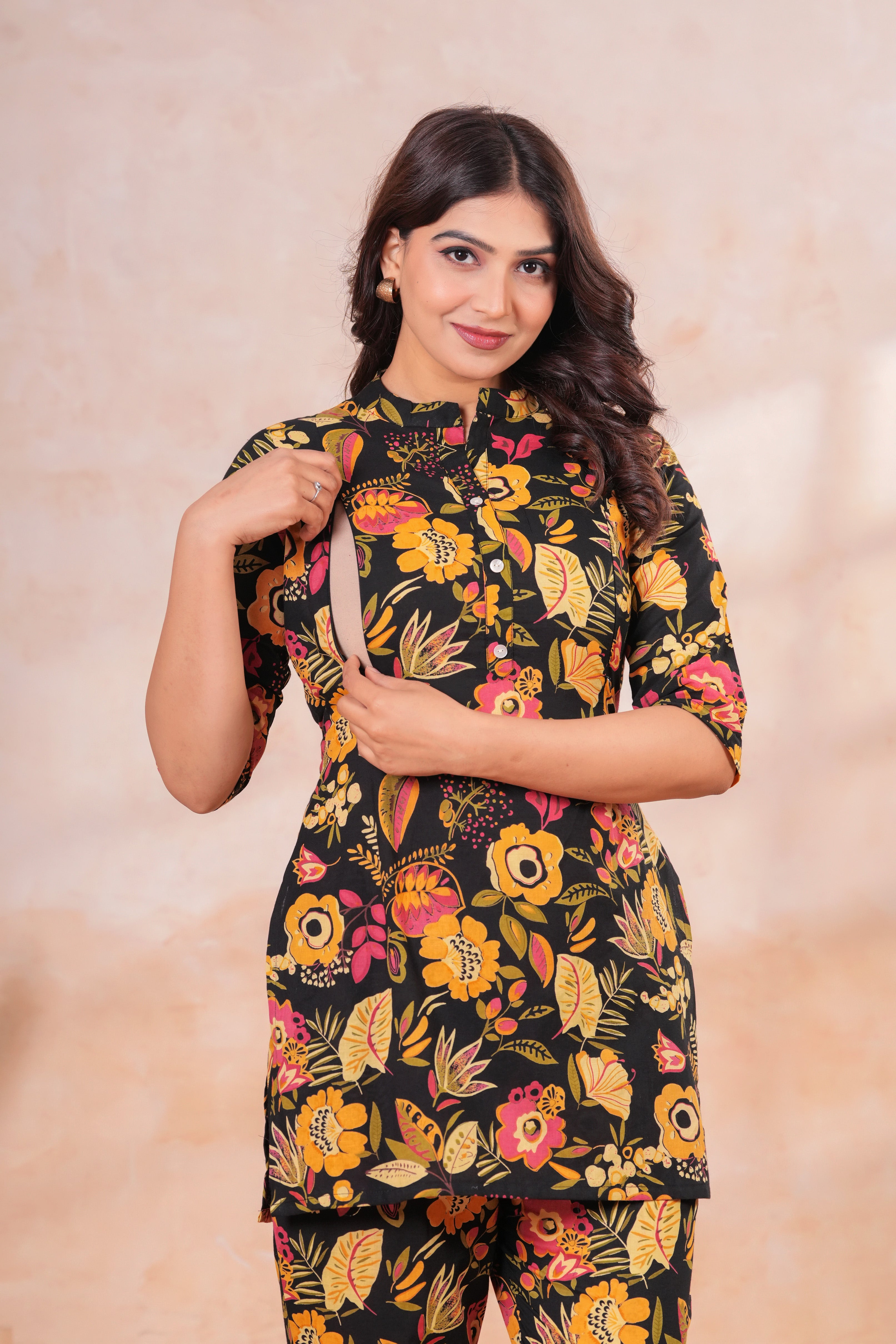 Midnight Bloom Floral Cotton Maternity Cord Set with Double Side Zippers