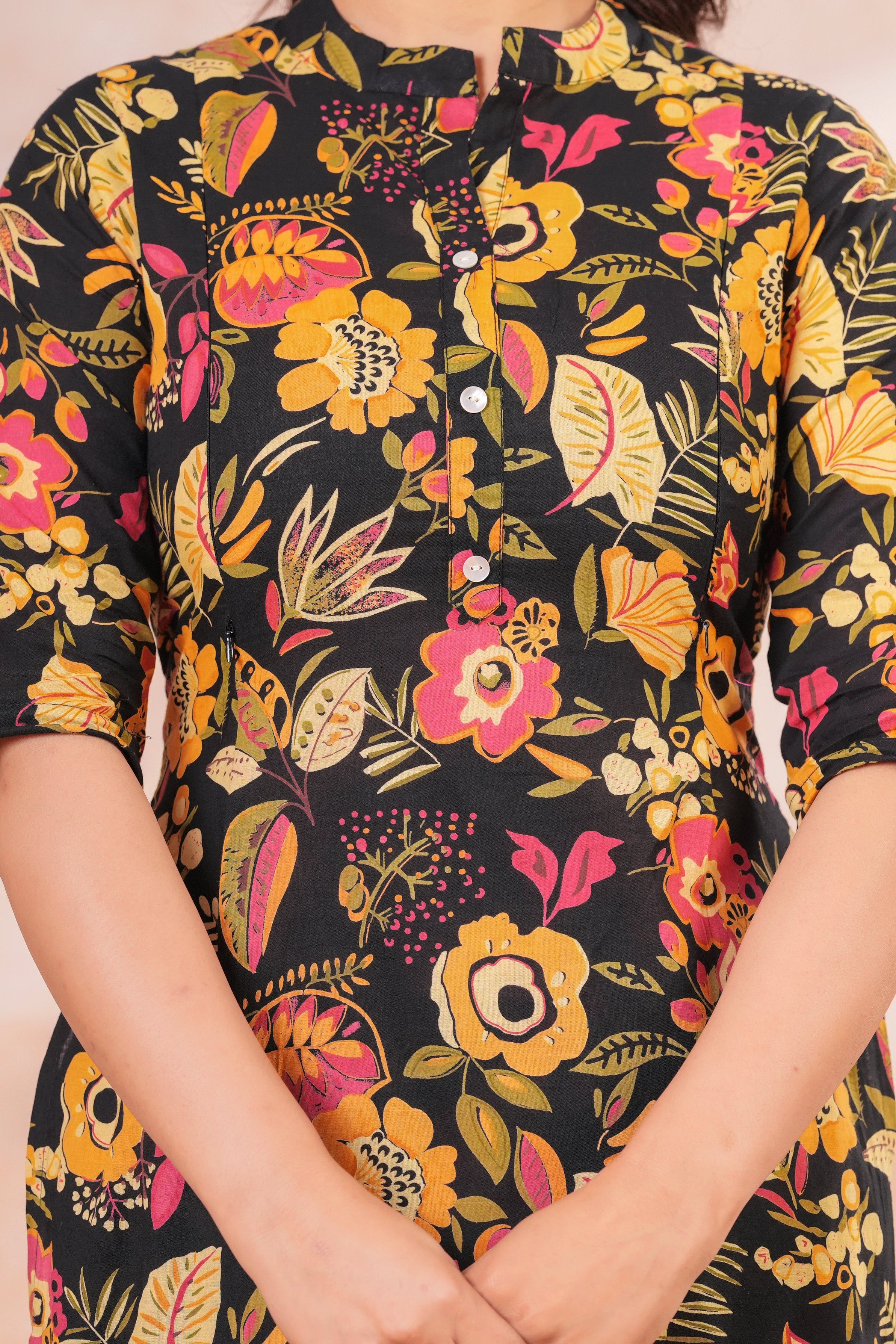 Midnight Bloom Floral Cotton Maternity Cord Set with Double Side Zippers