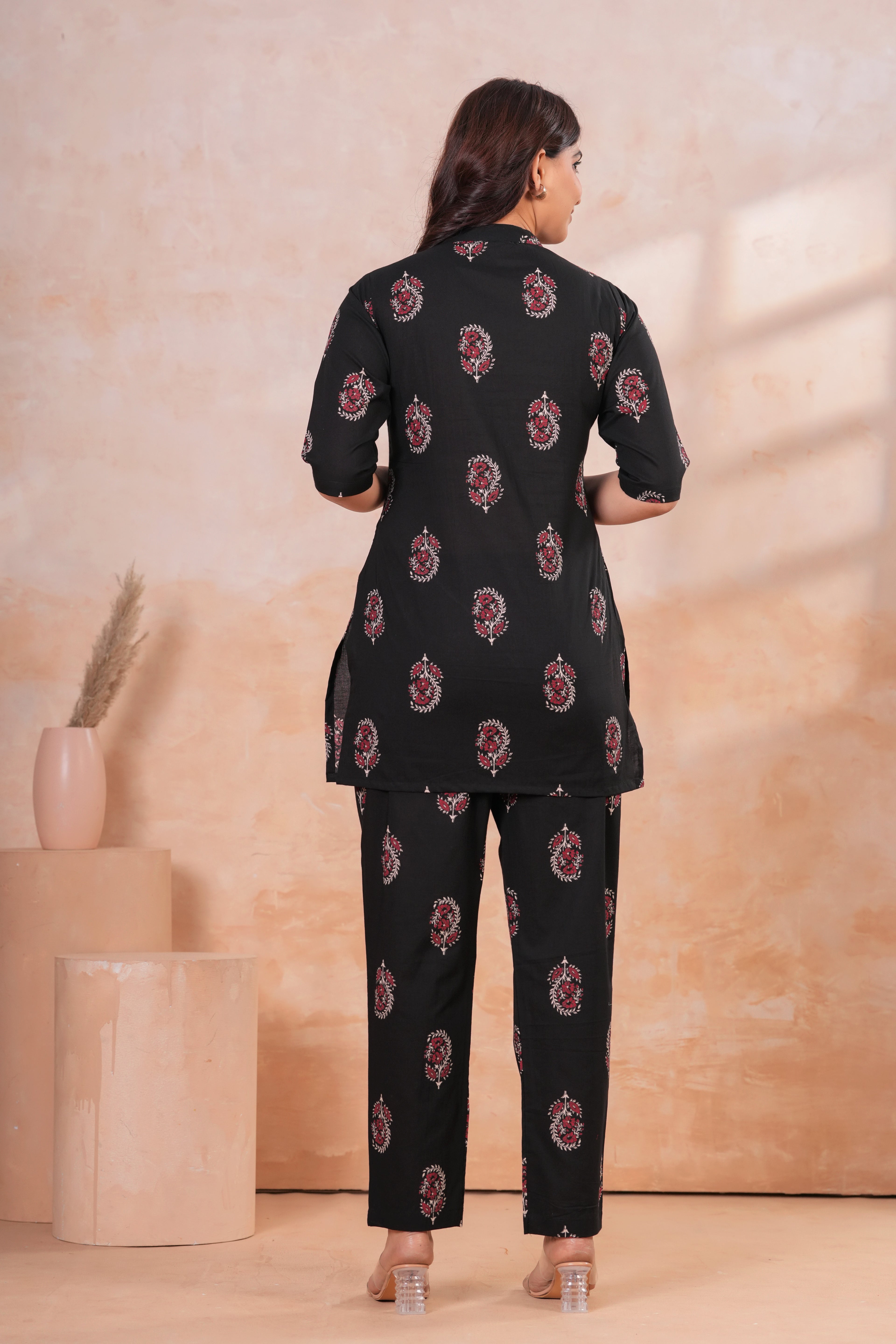 Classic Black Buti Print Cotton Maternity Cord Set with Double Side Zippers