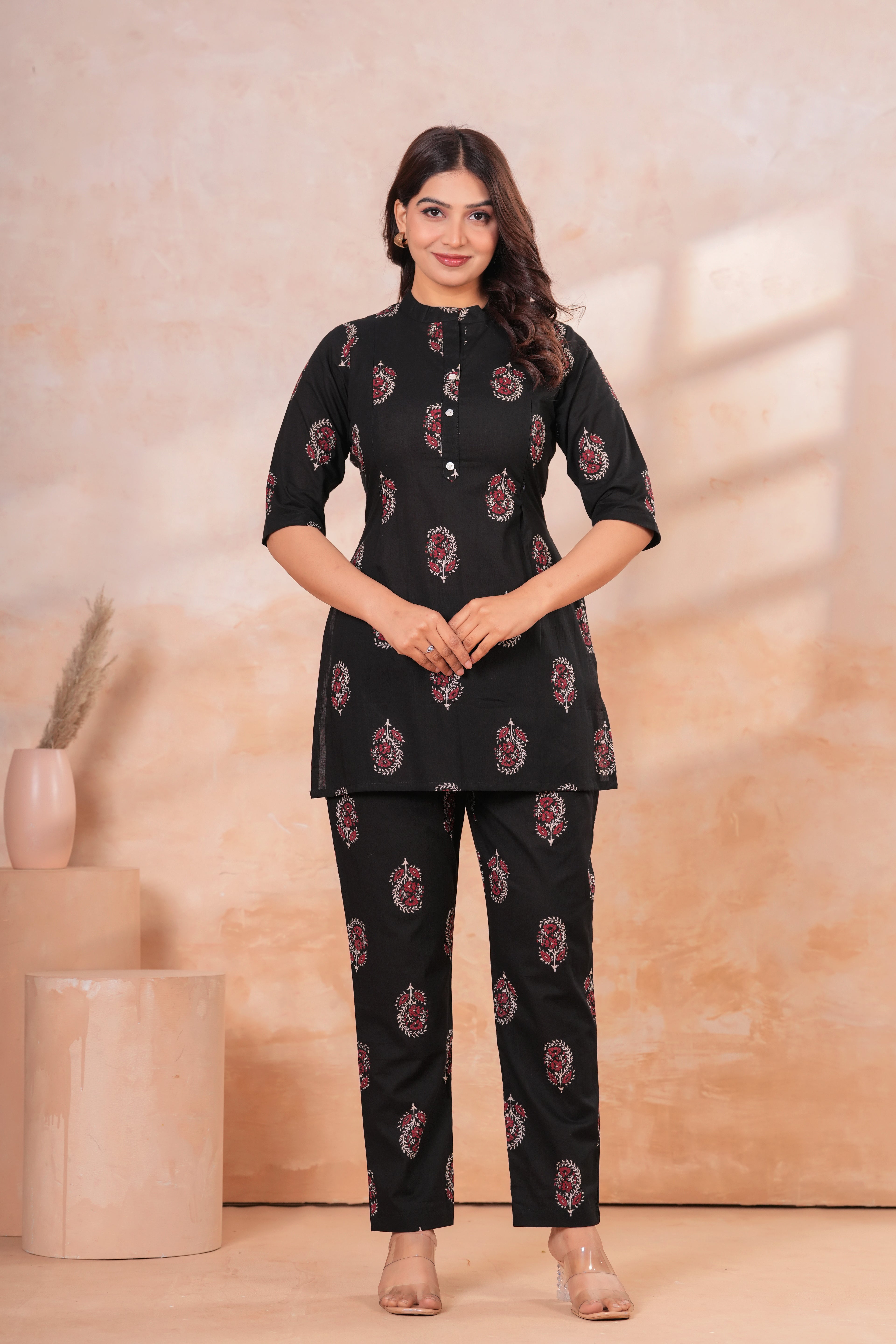 Classic Black Buti Print Cotton Maternity Cord Set with Double Side Zippers