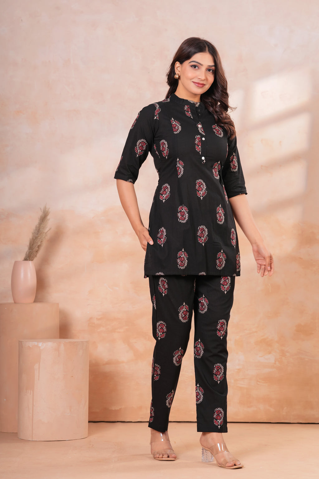 Classic Black Buti Print Cotton Maternity Cord Set with Double Side Zippers