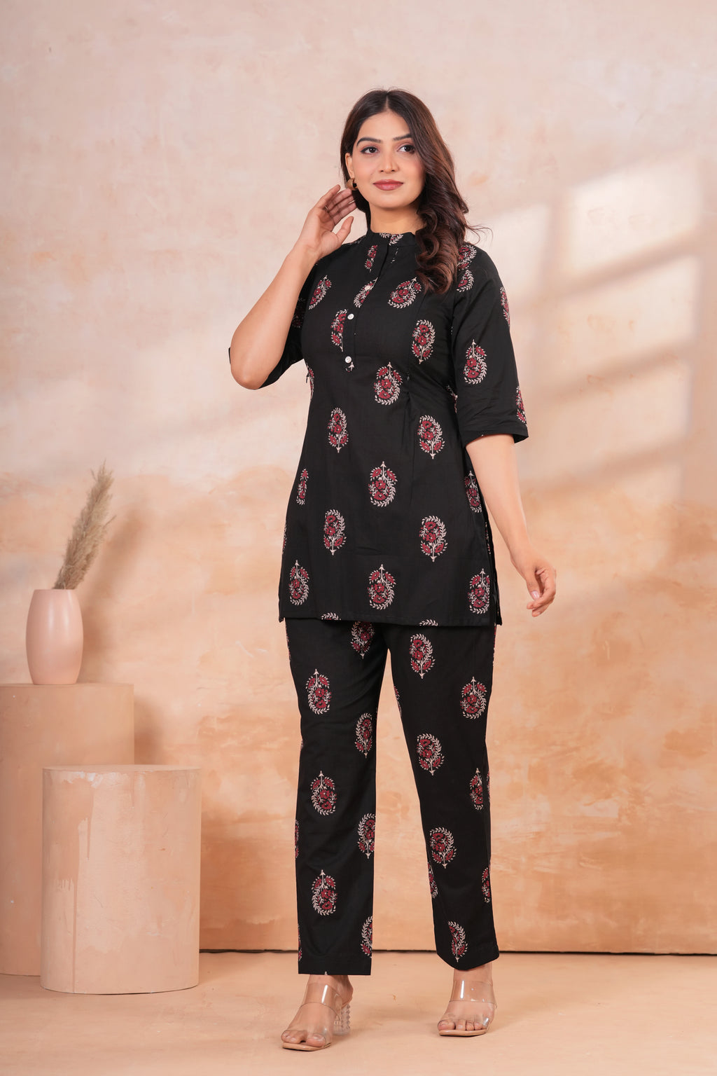 Classic Black Buti Print Cotton Maternity Cord Set with Double Side Zippers