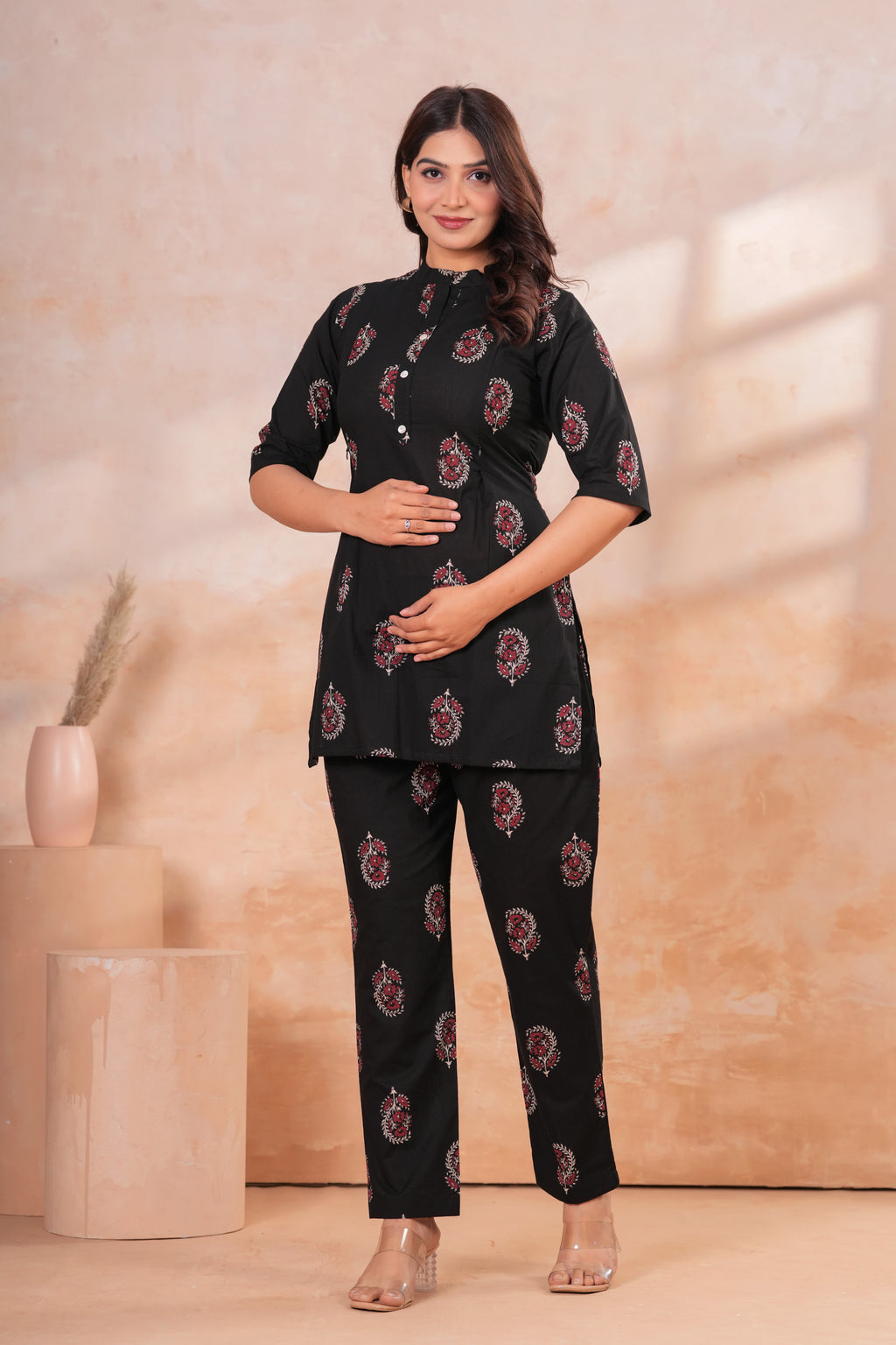 Classic Black Buti Print Cotton Maternity Cord Set with Double Side Zippers
