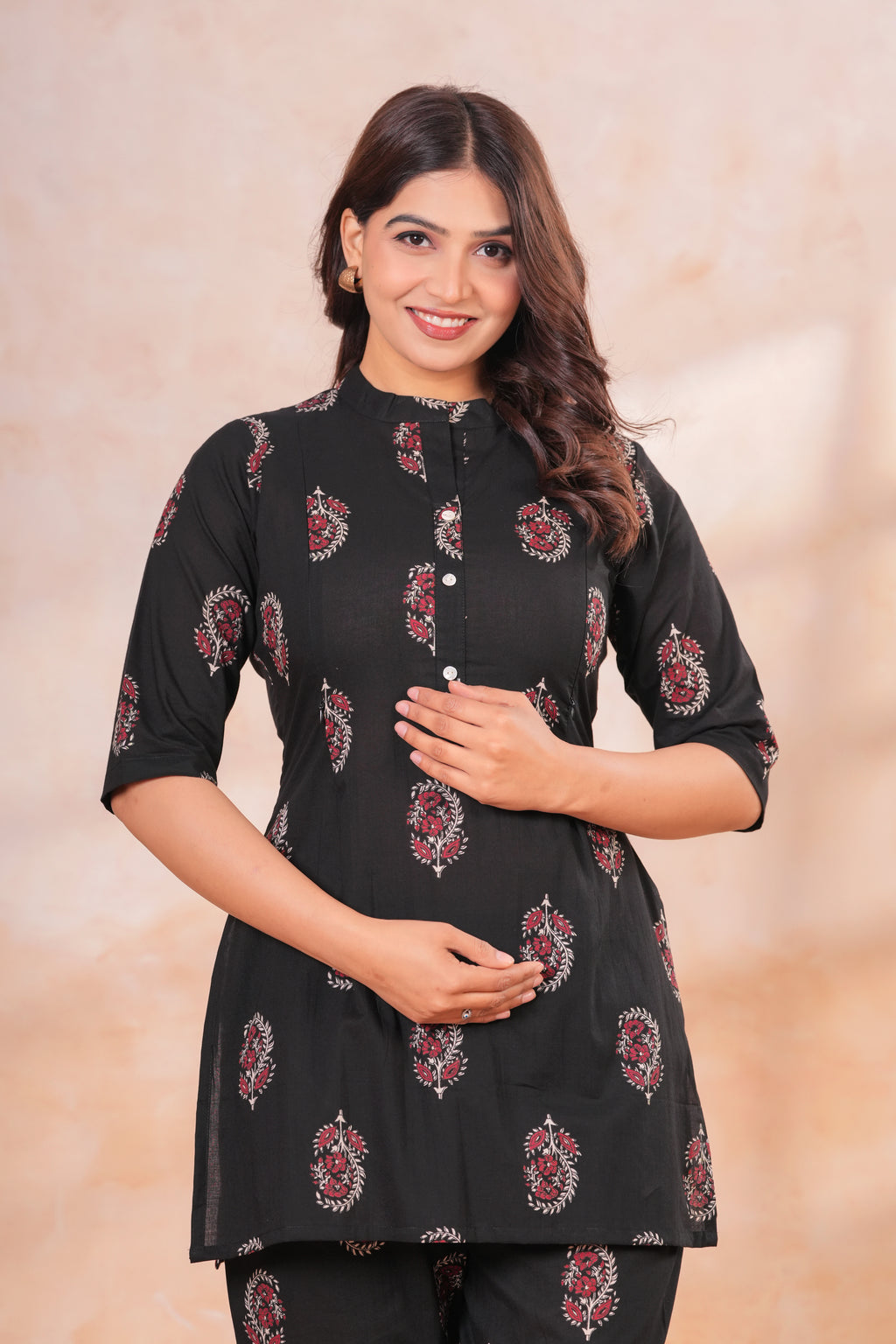 Classic Black Buti Print Cotton Maternity Cord Set with Double Side Zippers
