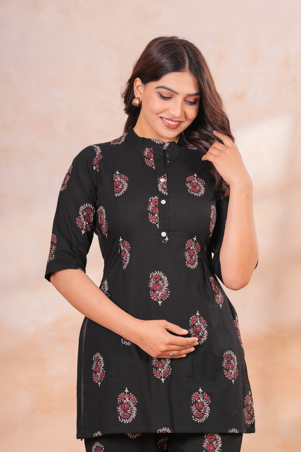 Classic Black Buti Print Cotton Maternity Cord Set with Double Side Zippers
